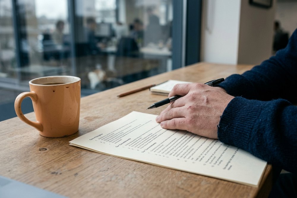 A printed sheet of numbered principles on a desk with a hand and a pen beside it