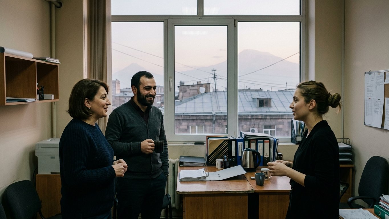 Illustrative photograph: three colleagues talking in a modest Yerevan office with Mount Ararat visible through the window