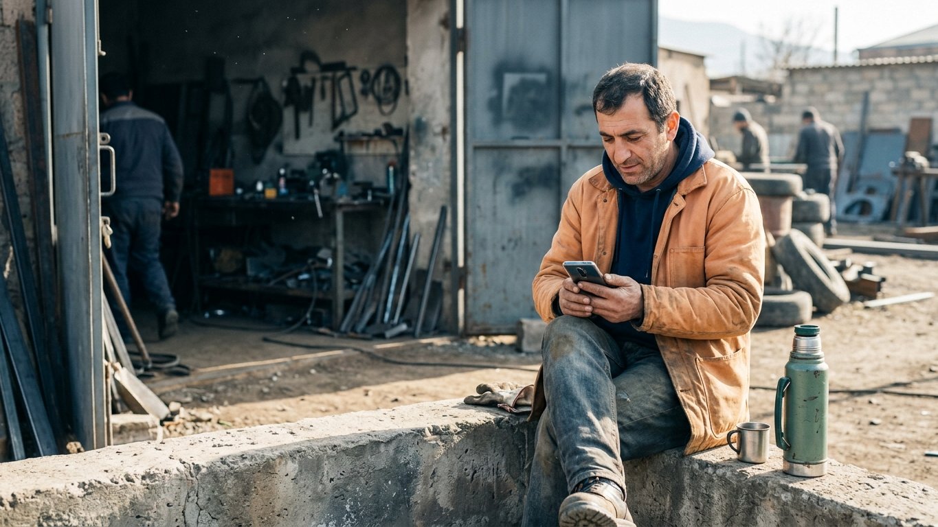 A worker checking his phone on a lunch break in the yard of a small workshop