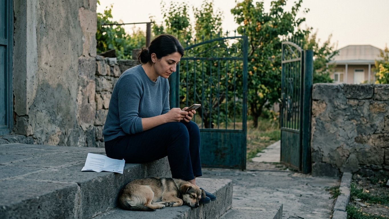 A woman sitting on the steps of a house in Armenia filling in a form on her phone, a printed CV beside her