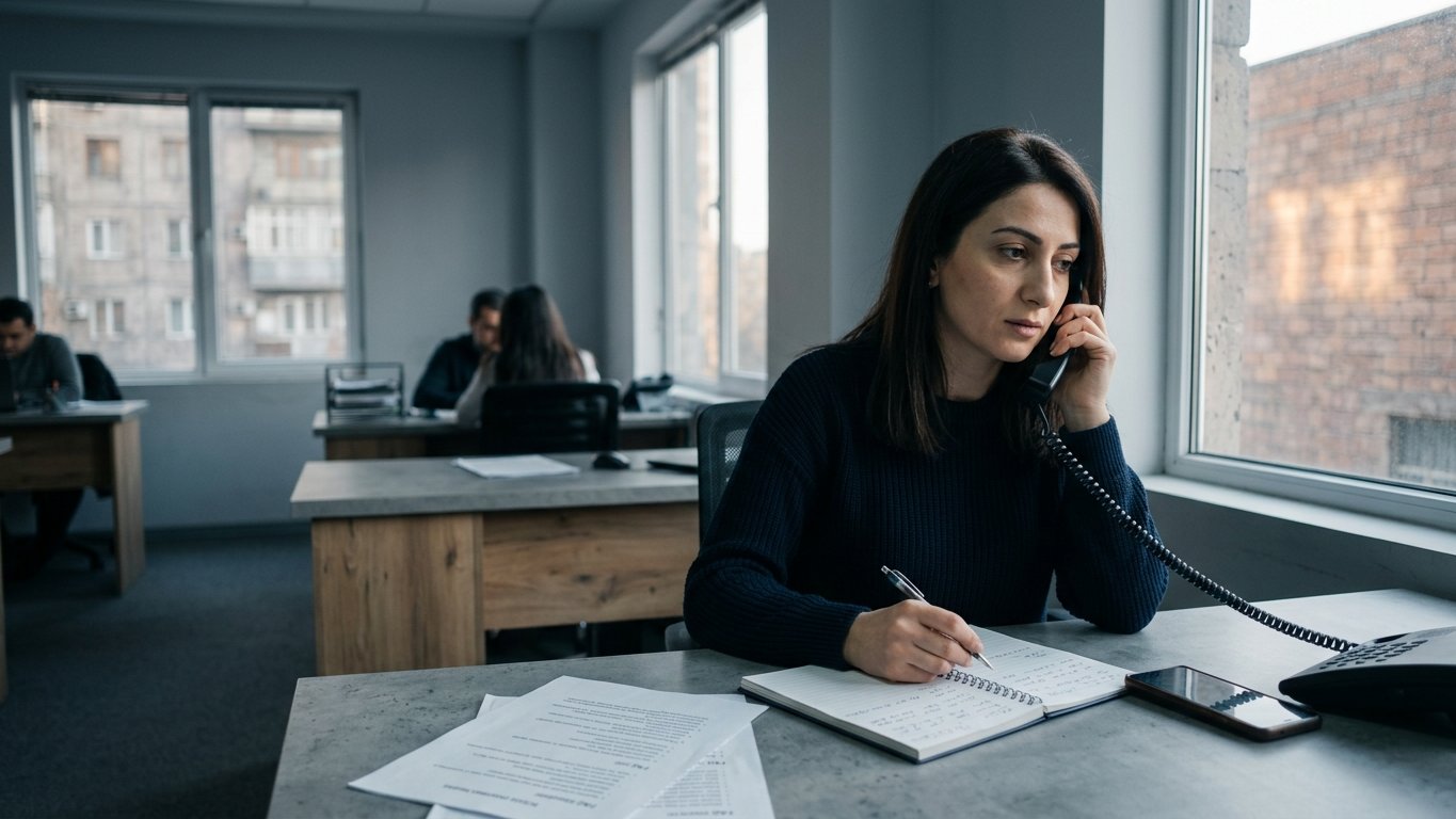 A consultant listening intently on a phone call with an open notebook