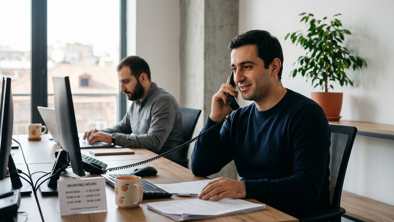 A consultant answering a desk phone in a bright Yerevan office