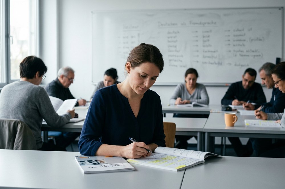 A woman working through a workbook in a bright German language-school classroom