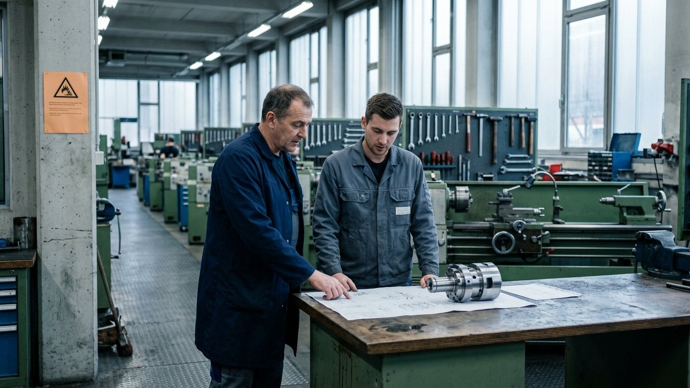 An instructor and a worker comparing a technical drawing with a finished metal part in a German metalworking training workshop