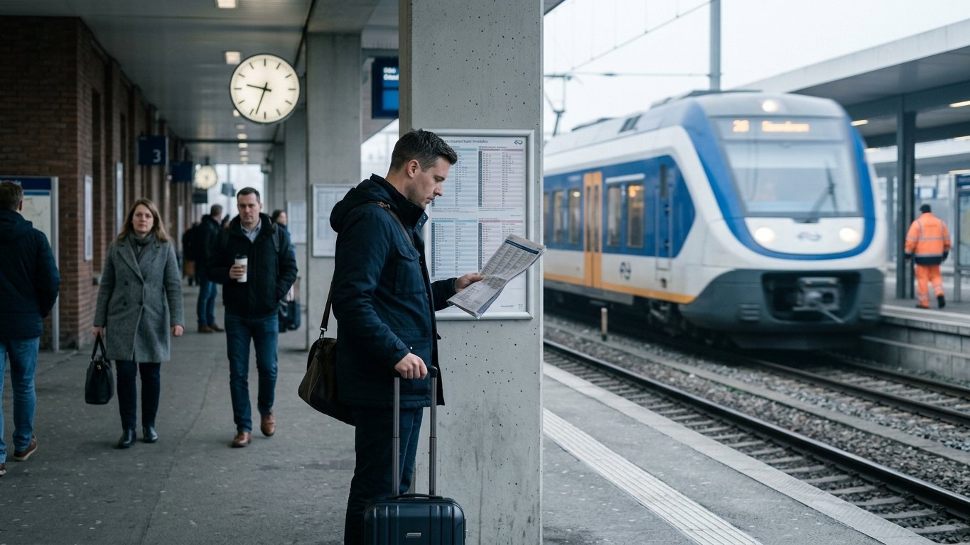A man with one suitcase reading a timetable on a European regional train platform