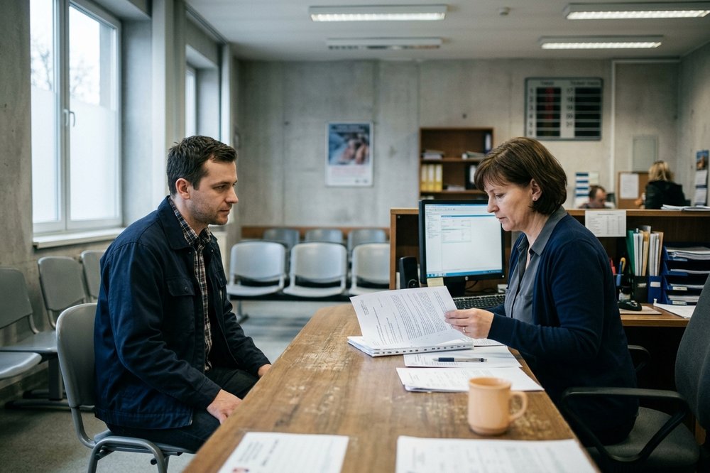 A man submitting documents at a public administrative office counter while a clerk checks them