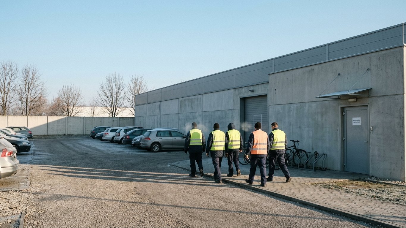 Workers walking toward the entrance of a manufacturing hall on an industrial estate in a Hungarian town on a winter morning