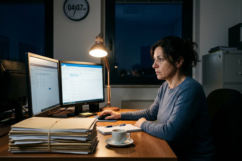 A small Italian company office before dawn, a woman waiting at her computer with a stack of prepared files