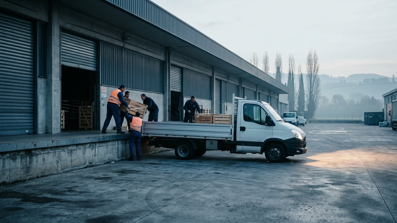 Workers loading crates from a loading bay onto a truck at a logistics yard in northern Italy in early morning