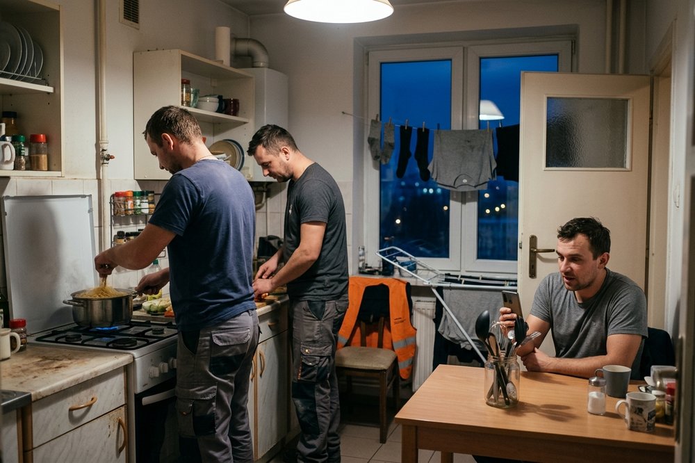 A shared workers-apartment kitchen in Poland in the evening, two cooking and one on a video call