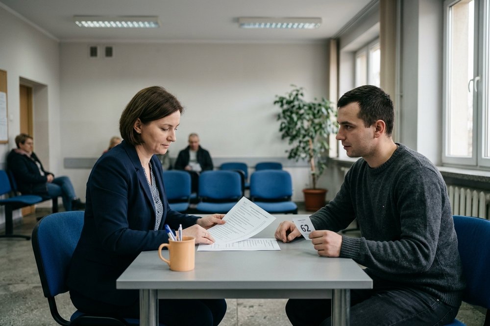 A consultant and a candidate with a printed checklist in a Polish public-office waiting area