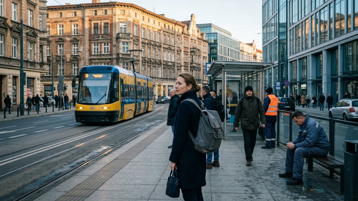A tram stop on a broad street in a Polish city in late afternoon, commuters waiting for an approaching tram