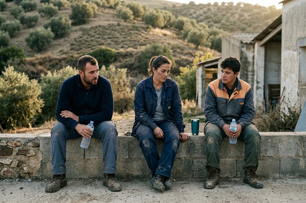 Three seasonal workers sitting on a low wall after a shift outside rural farm accommodation in Spain