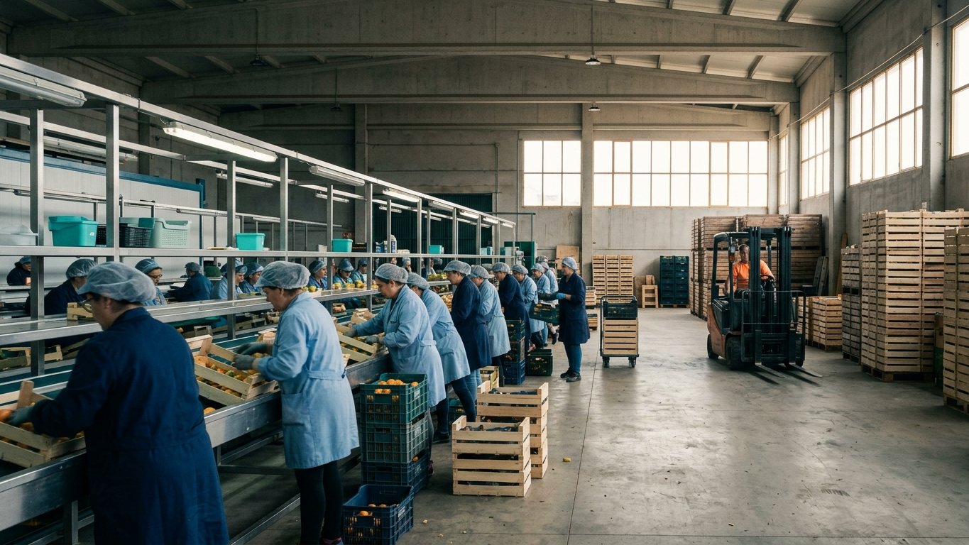 Workers in light blue coats sorting fruit and vegetables along a grading line in a Spanish packing facility