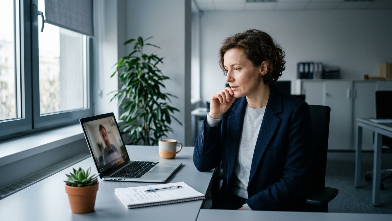 A woman in a Polish office listening to a laptop video call with a short list beside her