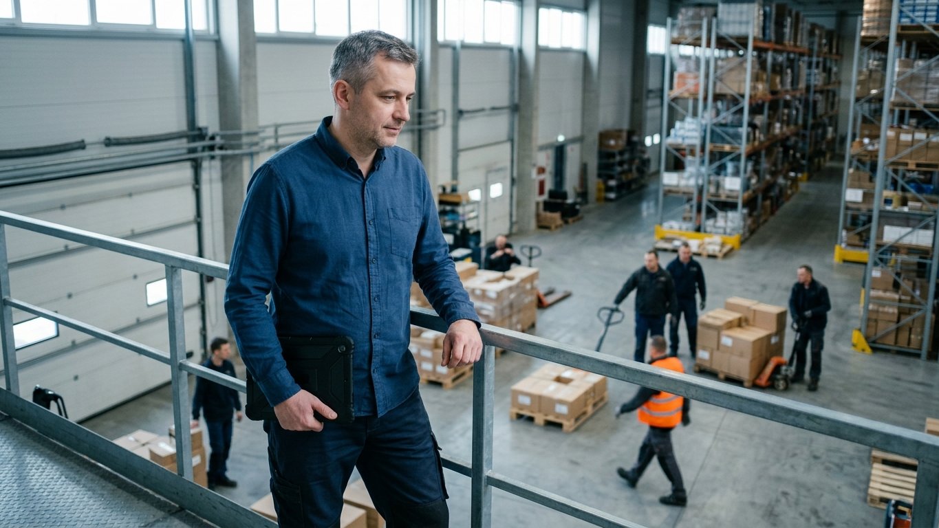 An operations manager looking down from a mezzanine at work on a Polish warehouse floor