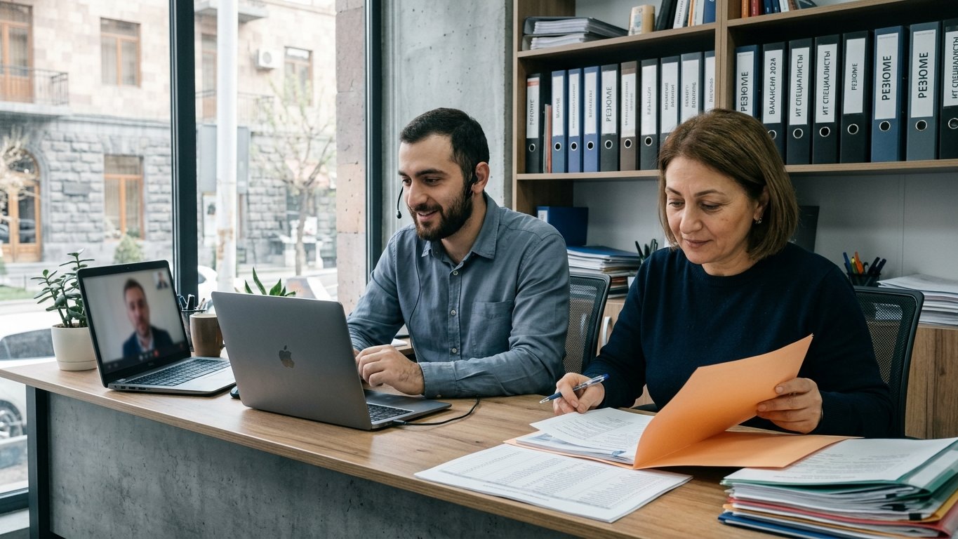 A Yerevan recruitment office with a video interview and a document check side by side