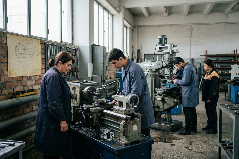 A vocational college workshop in Armenia, an instructor supervising students at a lathe