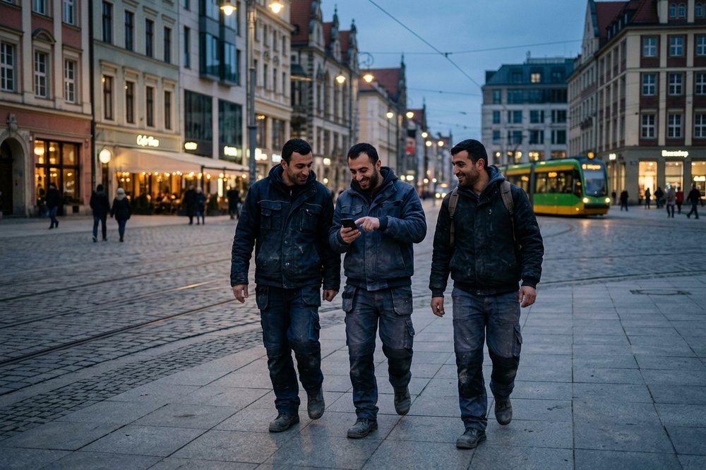 Three Armenian workers walking together across a Polish city square after a shift in the evening