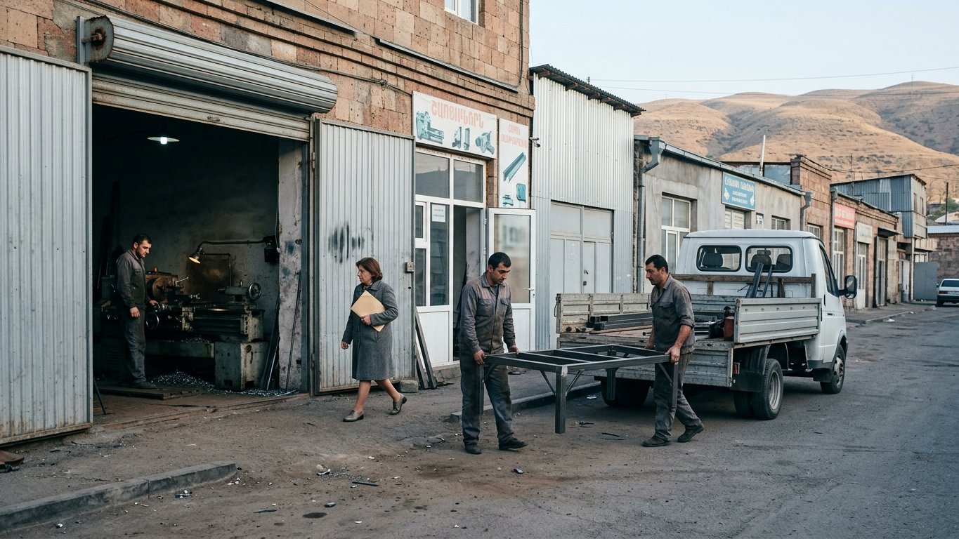 A working industrial street on the outskirts of Yerevan with a machine shop and workers carrying a steel frame