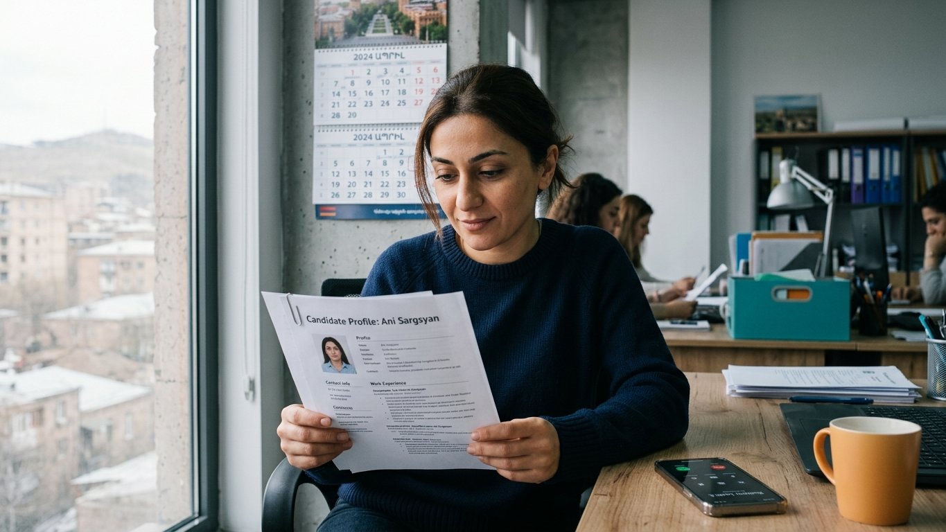 A consultant reading a printed candidate profile with a CV clipped to it