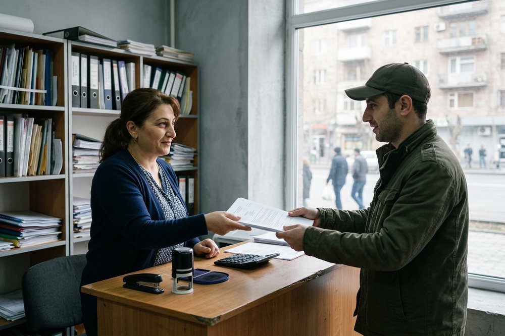 A clerk in a translation and notary office handing over a translated document