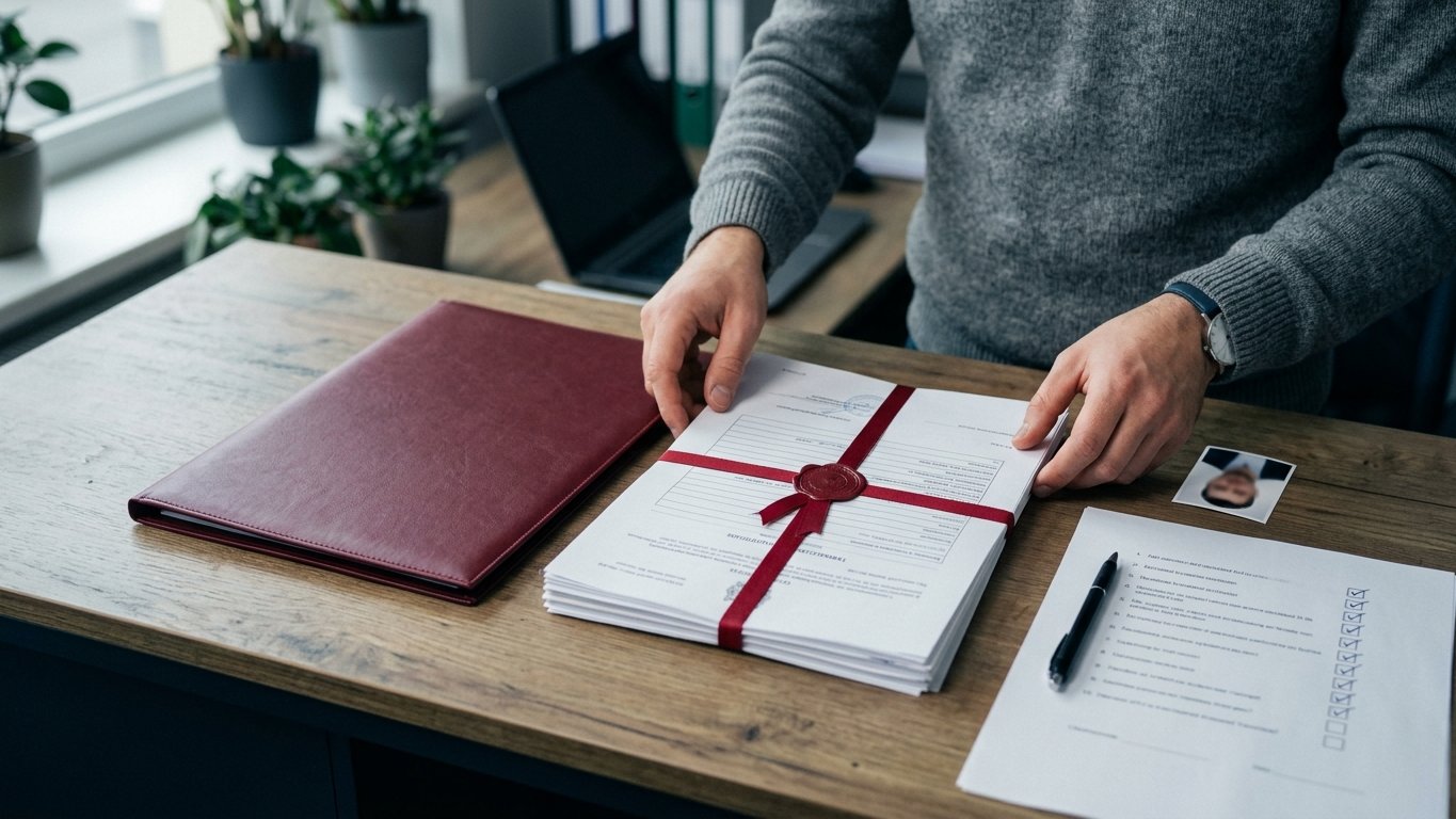 A tidy desk with a document folder, translated certificates and a checklist
