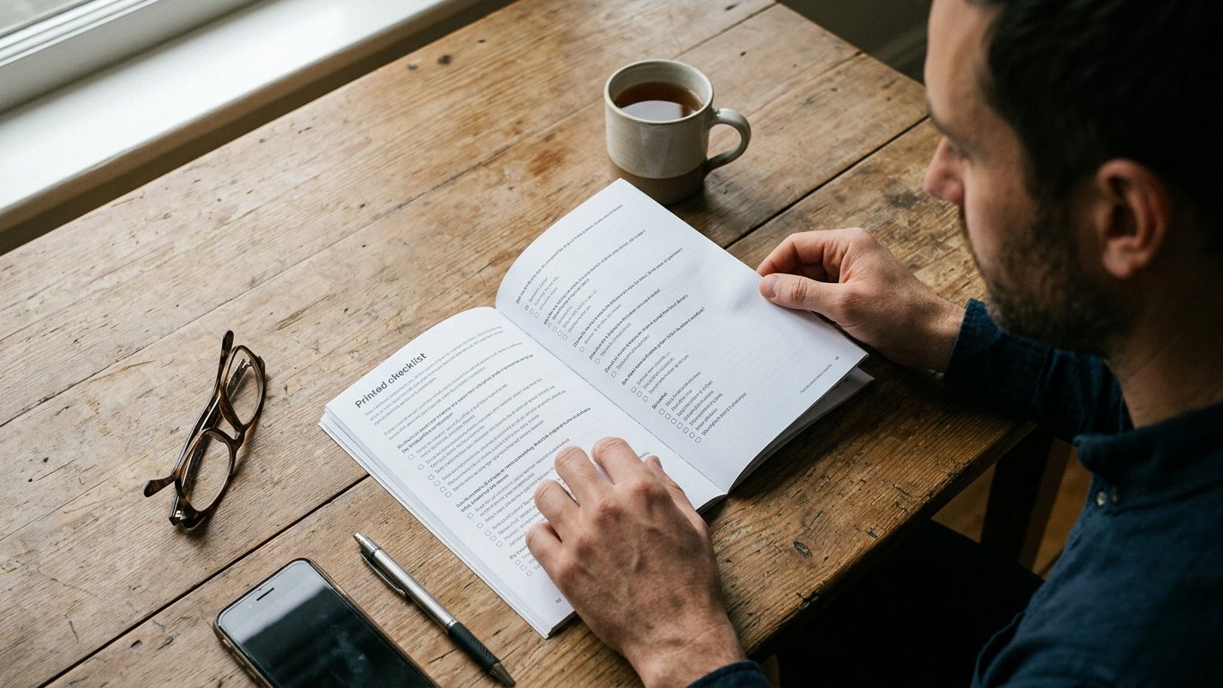 A printed guide open to a checklist on a table with a mug of tea and reading glasses