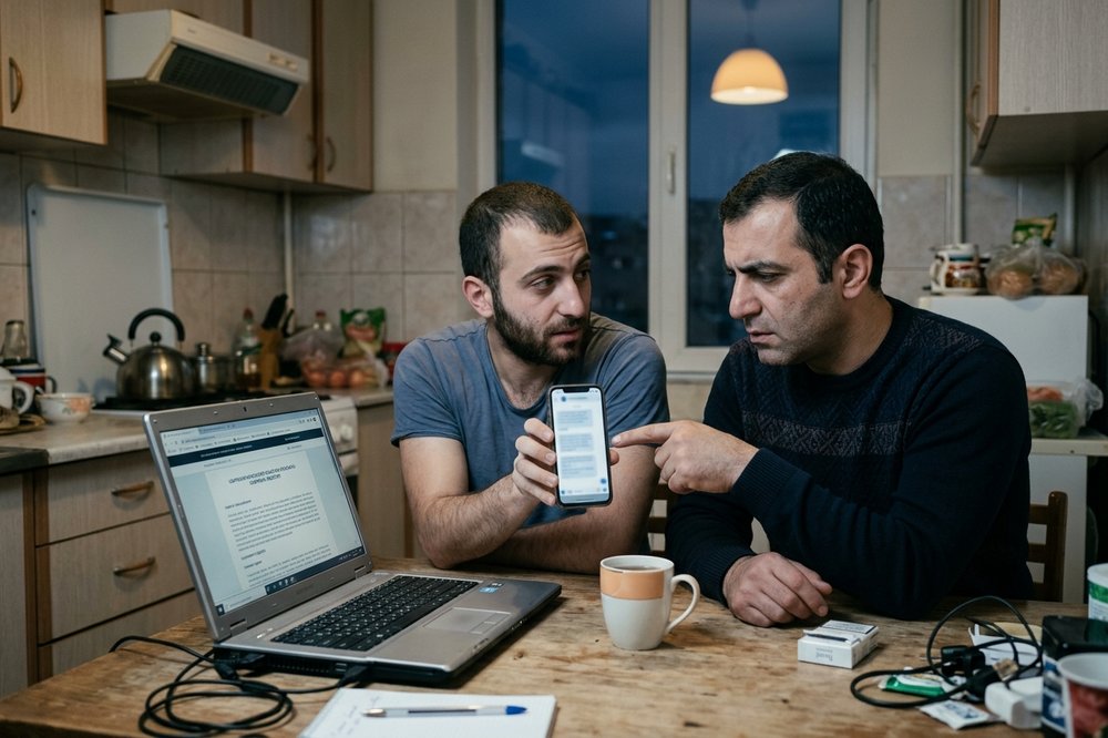 Two brothers at a kitchen table checking a job offer on a phone together