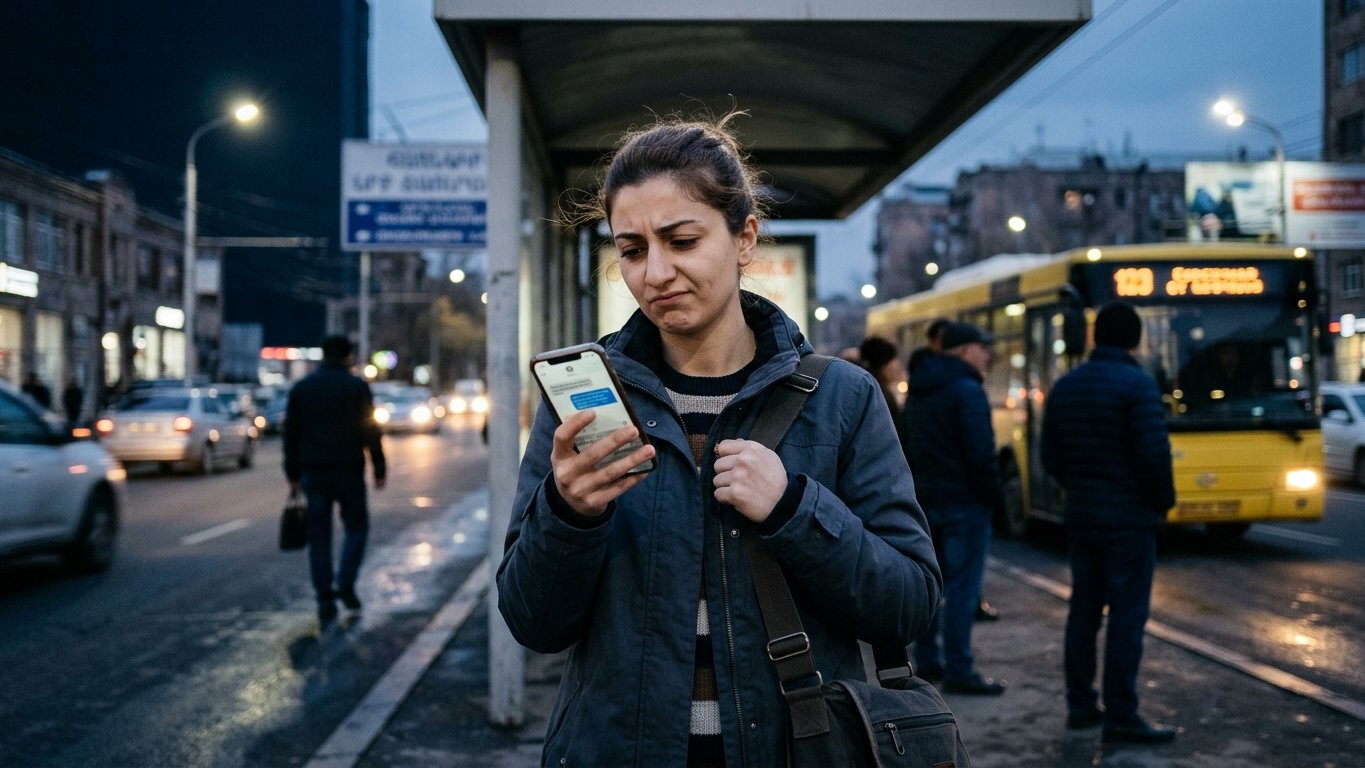 A young woman at a bus stop looking at a phone message with a wary expression