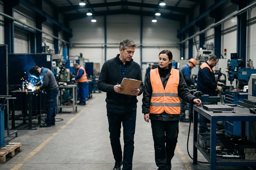 An HR manager and a shift supervisor discussing a workstation in a production hall