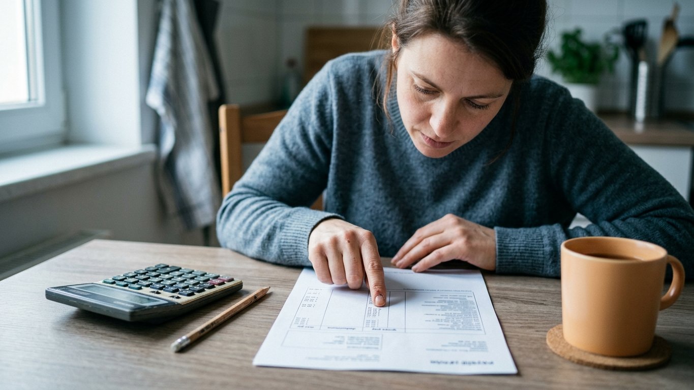 A printed payslip, calculator and pencil on a kitchen table, a woman following the deductions column