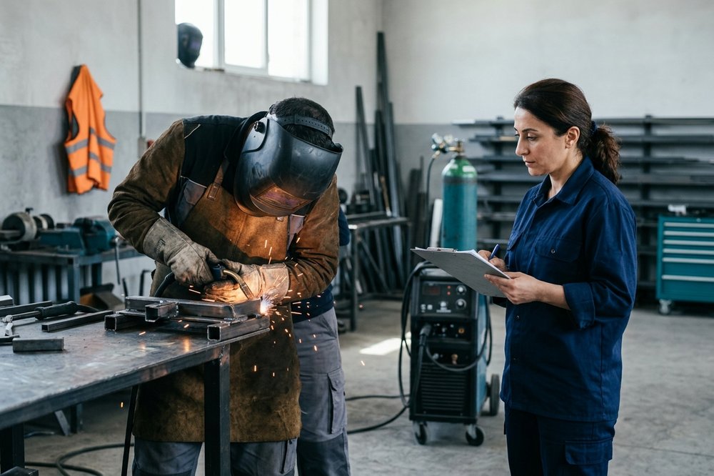 A welding assessment in a training workshop, a candidate completing a test piece while an assessor watches