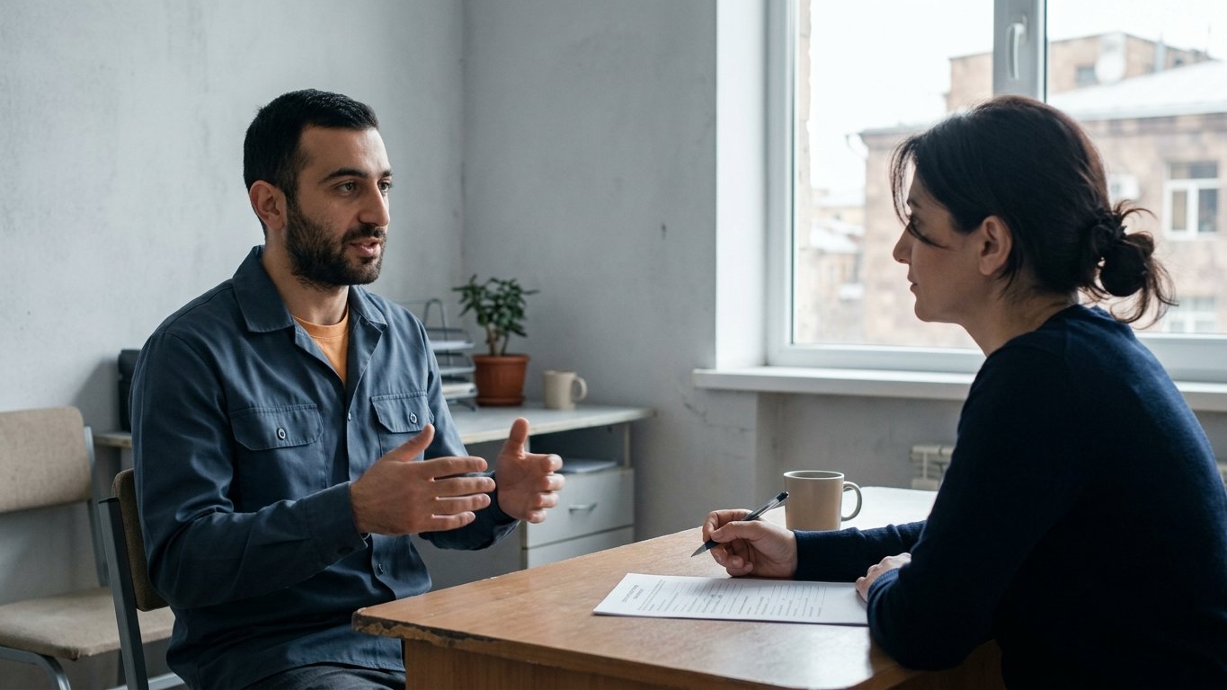 A structured interview in a Yerevan office, the consultant listening and the candidate explaining