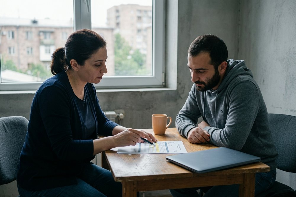 A recruitment consultant explaining a printed document table to a candidate in a Yerevan office