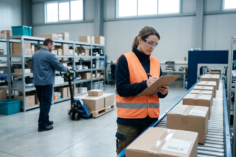 A worker in a hi-vis vest checking a conveyor of packed cartons in a European light-industrial hall