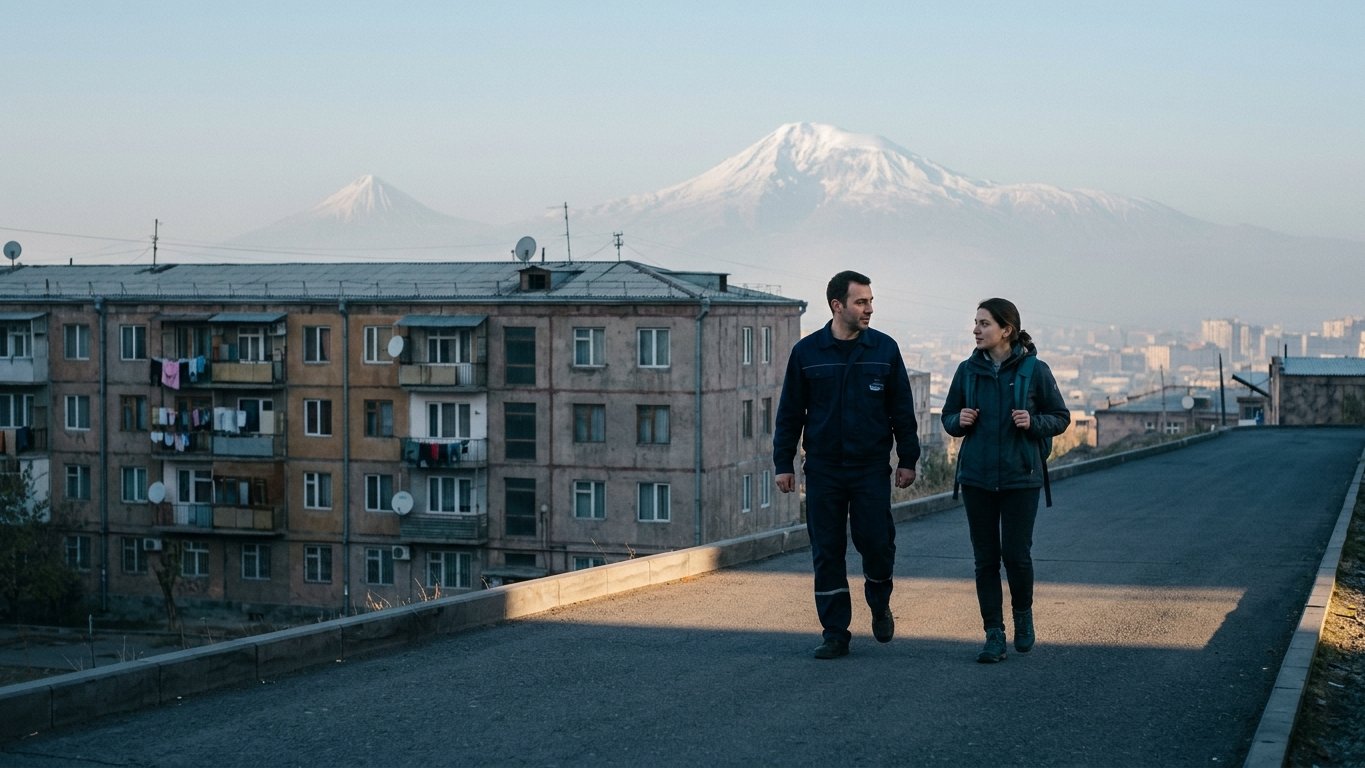 Two young adults walking together along a path in a Yerevan residential district at dawn, Mount Ararat faint in the haze behind