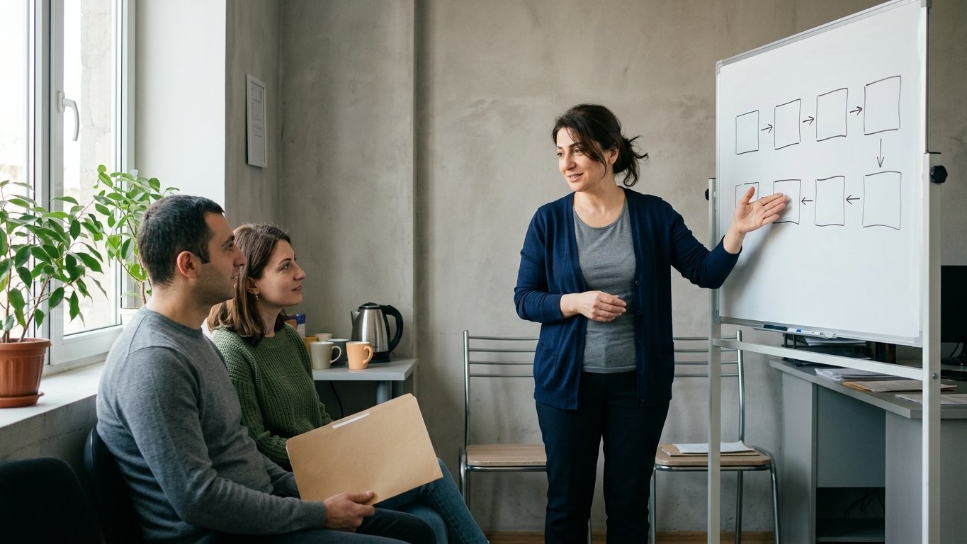A consultant explaining an eight-step sequence drawn on a whiteboard to a seated couple