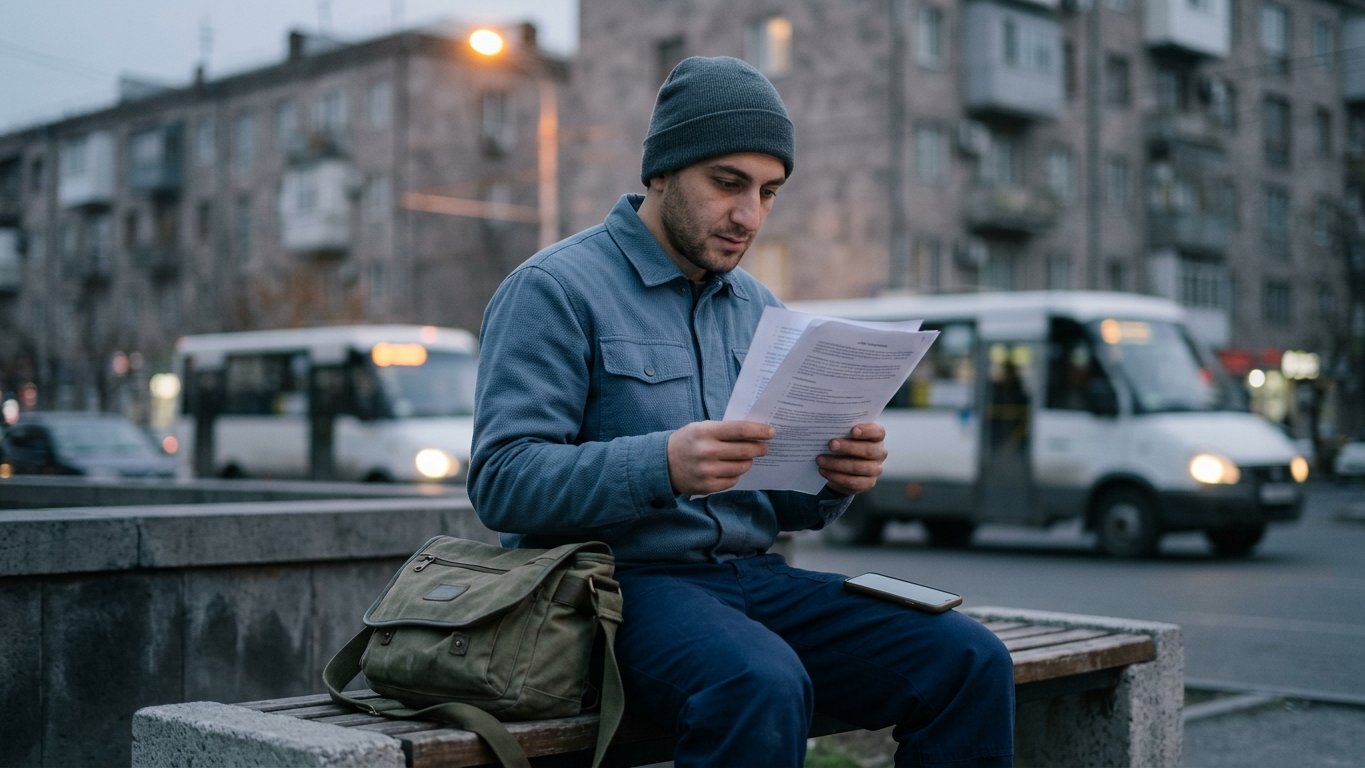 A young man reading a printed job description on a bus-stop bench in Yerevan in the evening