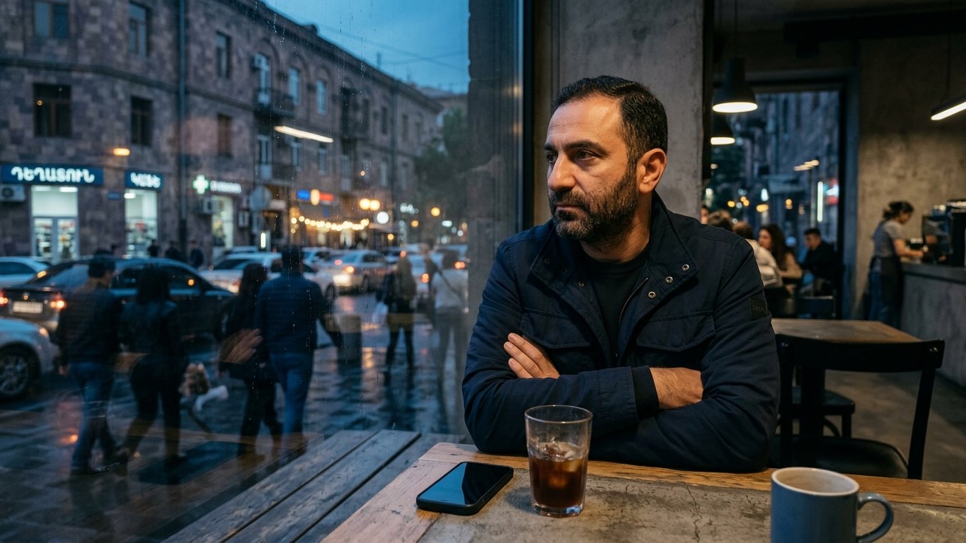 A man in a cafe window at dusk, thinking, his phone face down on the table
