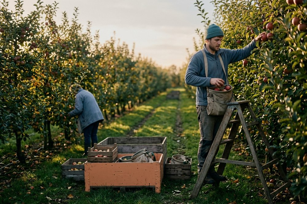 An apple harvest in autumn, a young man on a ladder picking into a bag