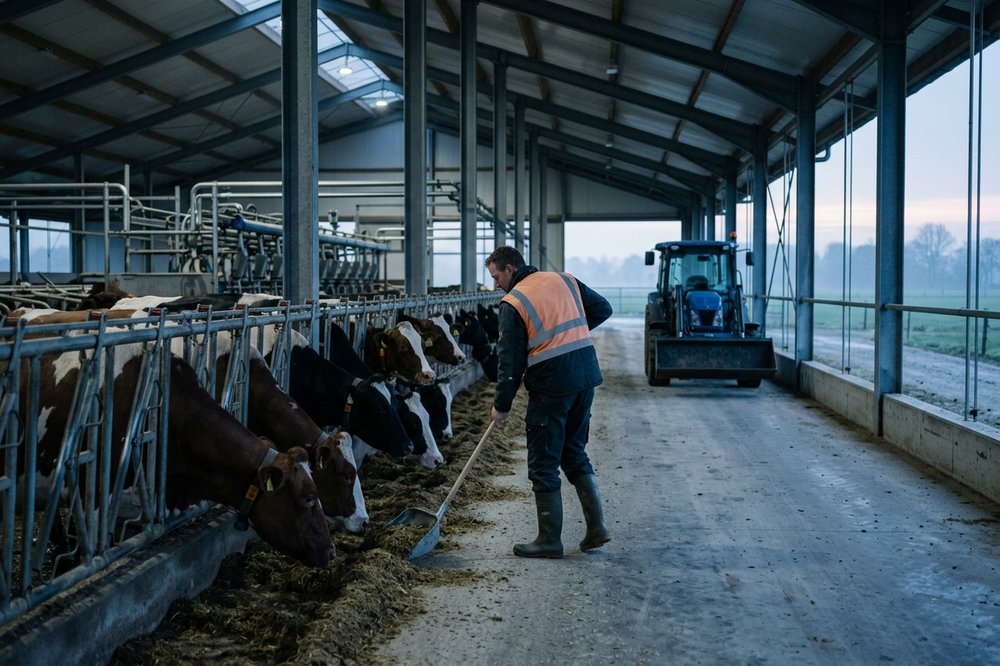 A dairy-farm worker pushing feed toward a row of cows at dawn