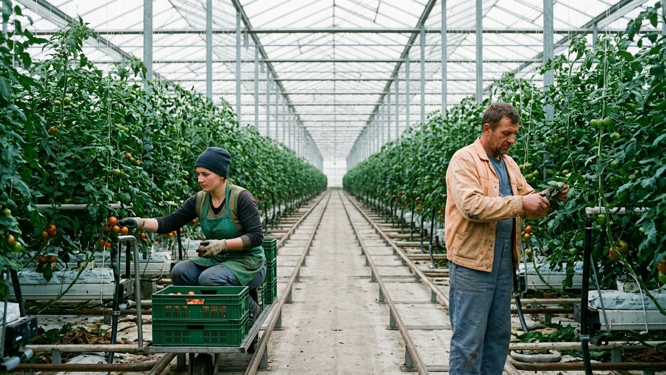 A large commercial tomato greenhouse in Poland, a worker harvesting into crates between rows of vines
