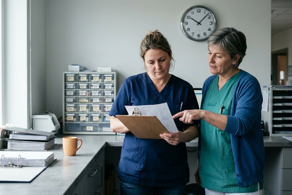 A care assistant and a nurse checking a medication chart