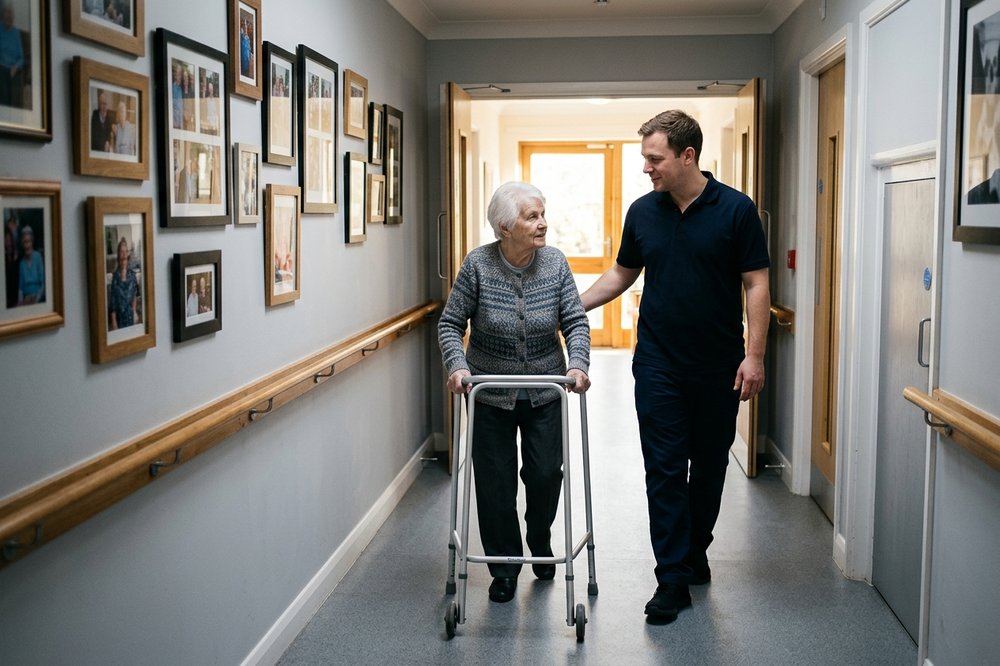 A caregiver walking beside an elderly woman using a walking frame along a corridor