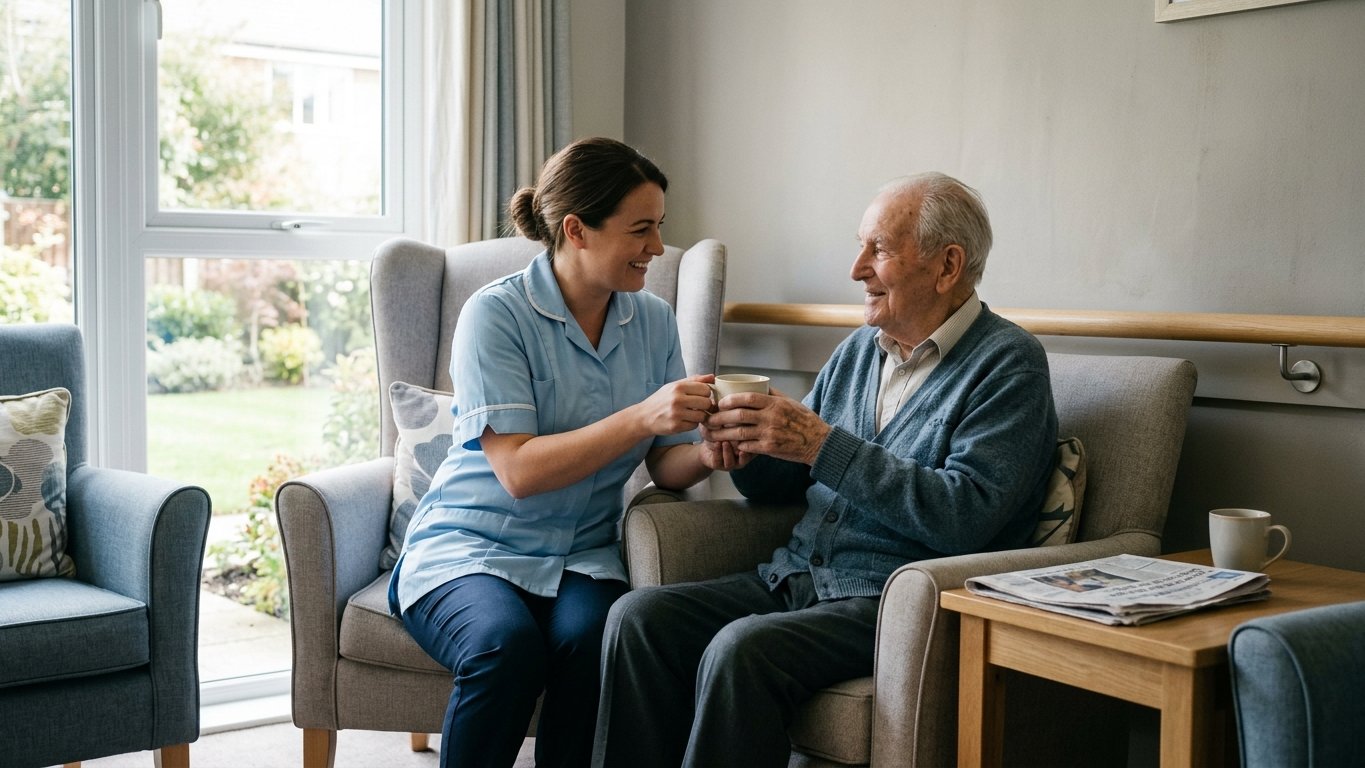 A caregiver in a care-home lounge helping an elderly man hold a cup of tea