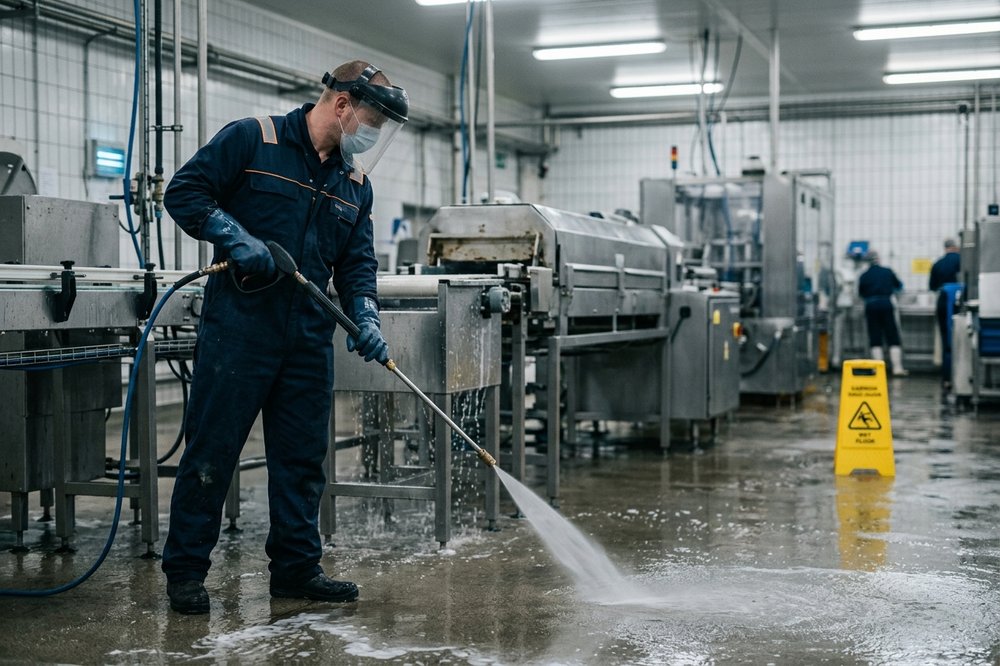 An industrial cleaning operative pressure-washing a food-production hall floor