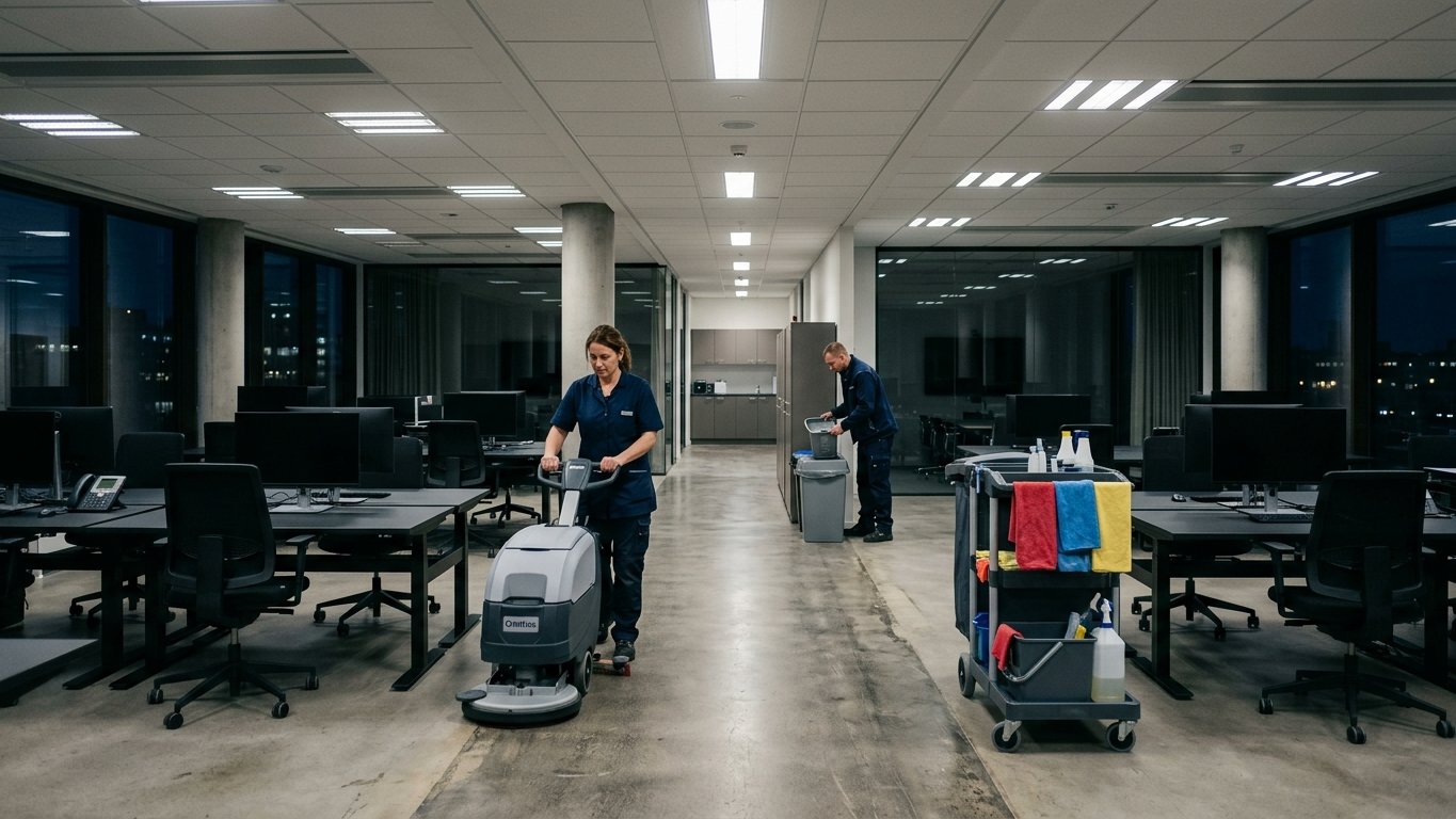 Cleaners working through an empty modern office at 6 am with a floor scrubber and a cart
