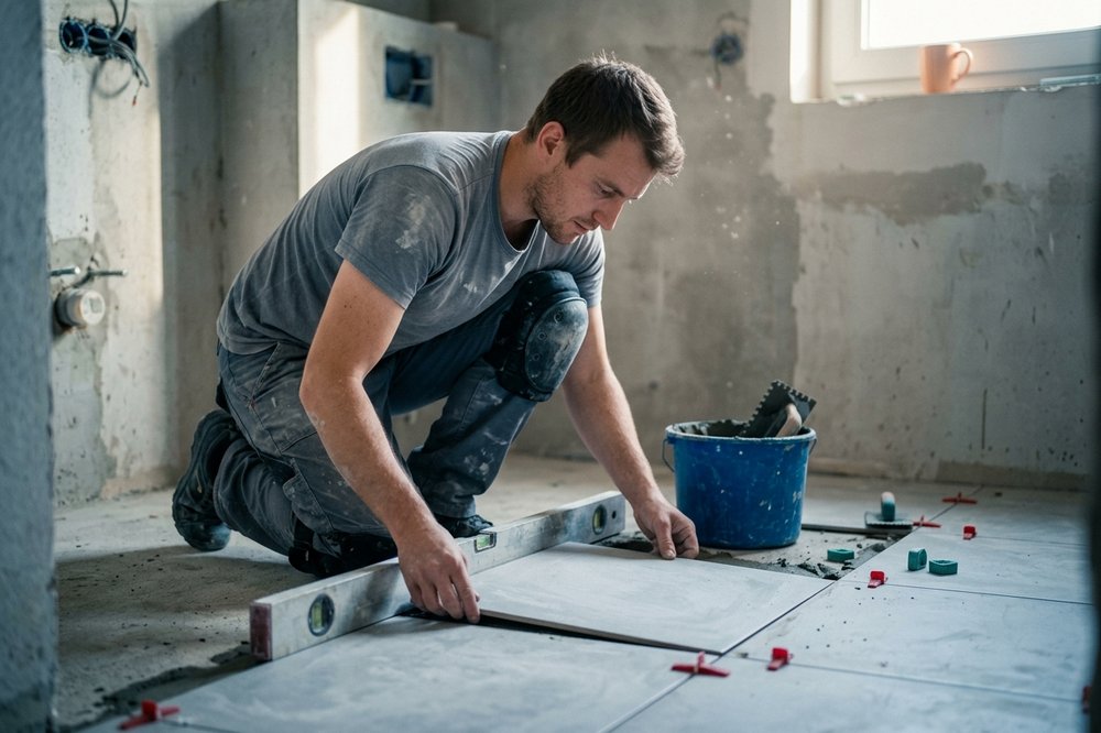 A tiler setting a floor tile in an unfinished bathroom