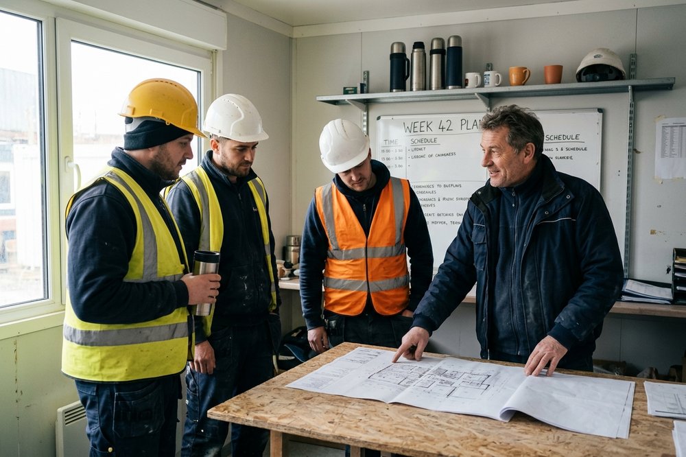 Construction workers in helmets listening to a foreman over a printed drawing